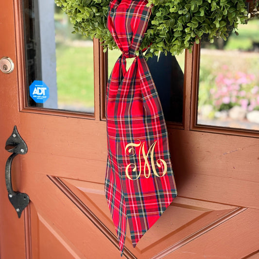 Personalized Wreath Sash Christmas Door Decoration Tartan Plaid Decor Monogram Gift Red Holiday Scottish Celtic Home Accessory Custom Handmade Festive Front Door Wreath